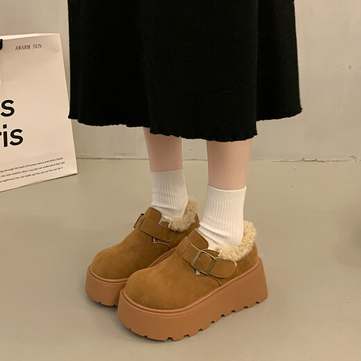 Woodpecker Thick Sole Heightened Birkenstock Women's Snow Boots 2025 New Autumn and Winter Velvet Bread Shoes Warm Northeast Large Cotton Shoes Yellow Brown 38 (240mm)