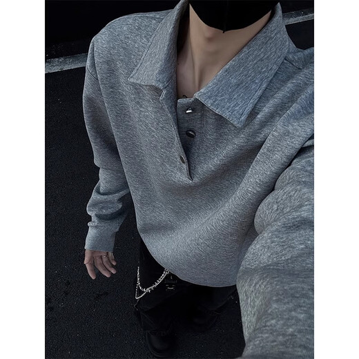 Cleanfit Henry collar sweatshirt men's spring and autumn American retro polo shirt handsome trendy loose long-sleeved inner wear black M