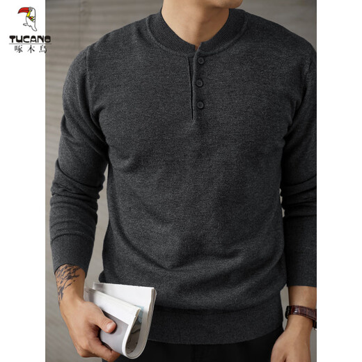 Woodpecker (TUCANO) Dark Gray Trendy Henry Collar Long Sleeve Sweater Men's Spring Autumn and Winter Slim Top Ribbed Hem Sweater Dark Gray XL