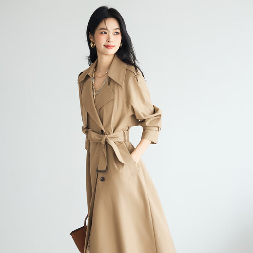 Eveli (eifini) Jiang Xin endorses amber windbreaker mid-length windbreaker new classic simple double-breasted women's windbreaker jacket coffee gold L 118-130Jin Jin equals 0.5 kg