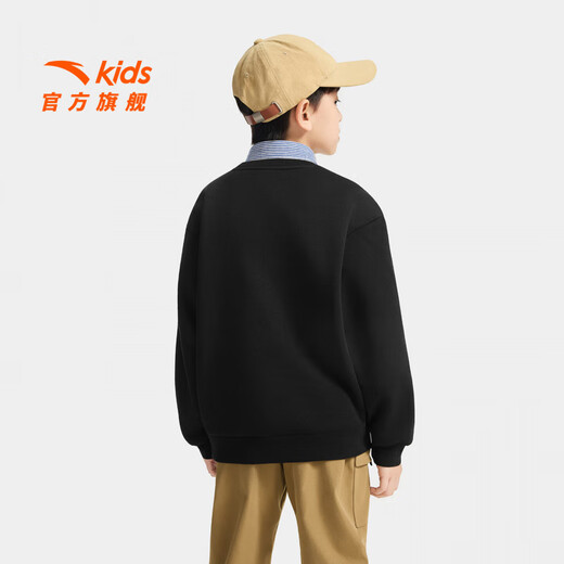 ANTA Children's Sweater Men's Big Children's Wear 2025 Winter New Arrival Plus Velvet Simple Versatile Long Sleeve Pullover Store Manager Recommendation Basic Black-5 150 cm