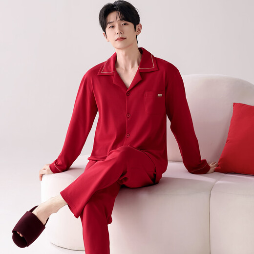 FENTENGCARE FENTENGCARE Couple's Large Size Spring and Autumn Pure Cotton Red Wedding Home Clothing Women's Style with Breast Pad-3XL