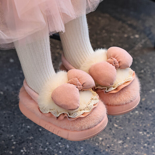 Winter children's cotton slippers for girls and princesses, non-slip EVA warm plus fluffy bow, small and medium-sized children's cotton slippers, upgraded version of environmentally friendly material pink (heel included) 12 28/29 size (inner length 17CM, no rear elastic band