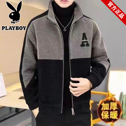 Playboy Woolen Coat Men's Short Jacket Autumn and Winter New Stand Collar Plus Velvet Embroidered Casual Jacket Woolen Windbreaker Black - Warm - Quality Guaranteed Thickened XS Small Gifts