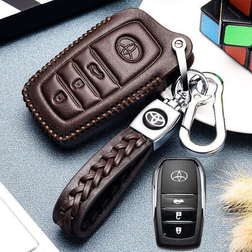 Geeignet für den neuen 2021 Toyota Corolla Key Cover echtes Leder 2019 Corolla Key Case Dual-Motor-Mode-High-End-Schnalle für Männer und Frauen-D-Style-Schwarz (14-18 Modelle mit One-Click-Start)