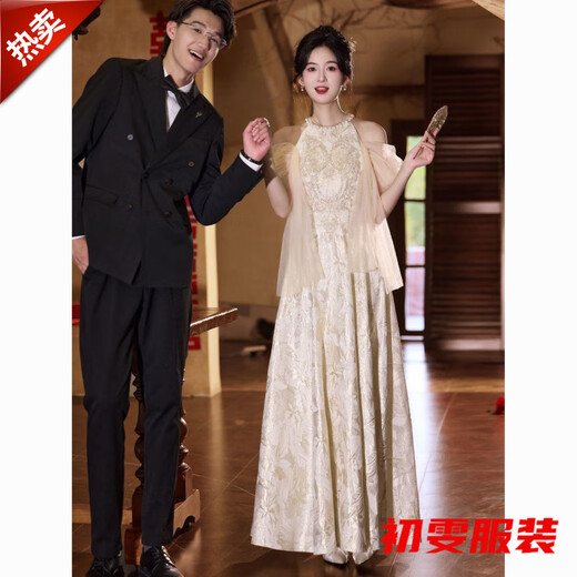 Meianjia Bridal Engagement Dress Women's New Wedding Dressing Robe Toast Dress Halter Dress Niche Small Champagne Color Long S