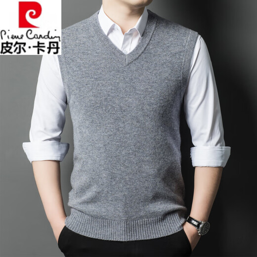 Pierre Cardin haut de gamme automne et hiver 100 laine col en V gilet pour hommes d'âge moyen affaires décontracté épais pull en laine couche de base chaude couleur verte 3310 4XL / 130 recommandé 185-205Jin Jin équivaut à 0,5 kg