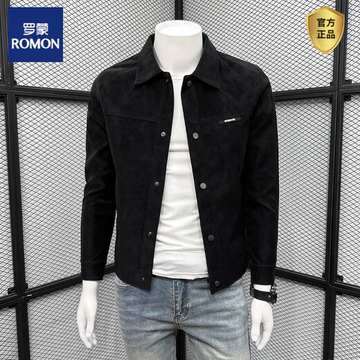 ROMON 2025 new spring and autumn jacket men's handsome trendy lapel imitation suede autumn top men's trendy jacket black M (recommended 90-110Jin Jin equals 0.5 kg)