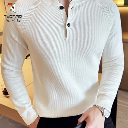 Woodpecker (TUCANO) 2025 new autumn henley collar men's yuppie sweater POLO bottoming shirt solid color thickened sweater trend gray L