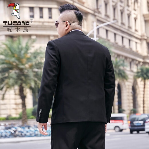 Woodpecker Large Size Suit Men's Suit Plus Fat Plus Fat Business Formal Suit Jacket Wedding Dress Professional Wear Autumn Two Button Large Size Gentleman Black Single Top Free Tie 2XL /180 Recommended 140-155 Jin Jin equals 0.5 kg