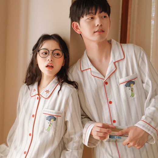 First search for new couples pure cotton brushed velvet pajamas simple striped men's high-end cartoon girl long-sleeved home clothes white women's L