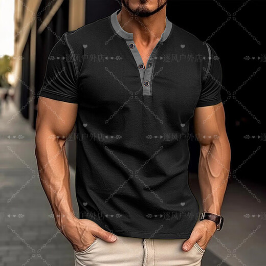 Tough guy style t-shirt for men 2025 summer new American style European and American men's fitted short-sleeved henley shirt large size burgundy burgundy S recommendation (120Jin Jin is equal to 0.5kg -135Jin Jin is equal to 0.5kg)