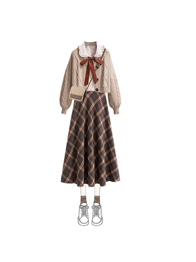 Xiaohongshu’s hot product Xiaoxiang style sweater skirt Maillard wears early autumn women’s clothing 2025 new trend this year, apricot shirt + khaki sweater + plaid skirt, one size M