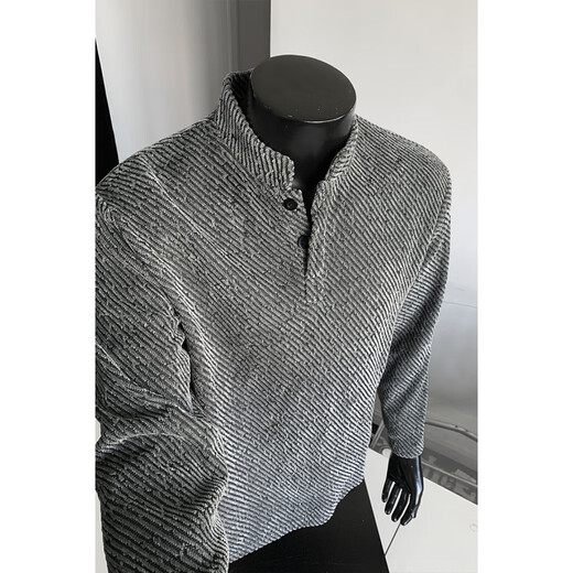 PTAT American Henry shirt long-sleeved T-shirt for men in autumn and winter plus velvet top with trendy brand texture jacquard Polo sweatshirt for men T24538 black regular M