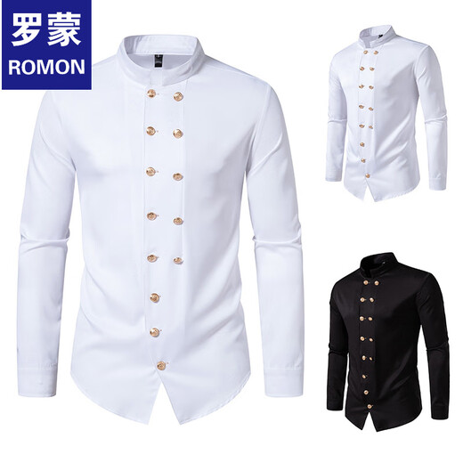 ROMON spring and autumn new long-sleeved shirt men's British retro double-breasted stand-up collar long-sleeved shirt Henry collar shirt white M