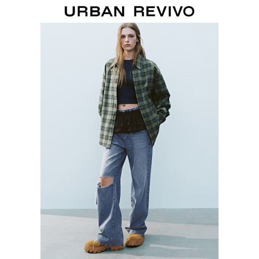 UR2025 new autumn women's American retro contrast plaid long-sleeved cardigan shirt UYY250060 green plaid L