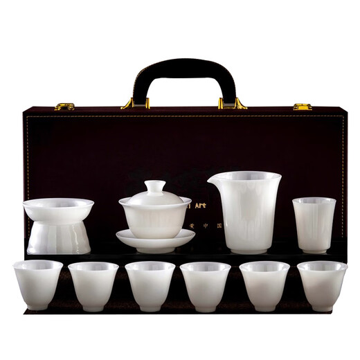 Dianyue Bingzhong Kung Fu Tea Set High-end Uncut Jade White Porcelain Covered Bowl Tea Maker Full Set Office Tea Cup Souvenir Uncut White Tea Set (Gift Box)
