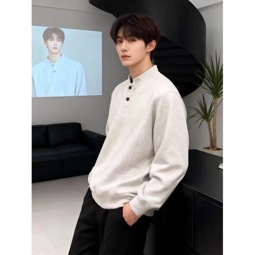 Wu Yinan American heavyweight velvet Henry collar inner layering shirt men's cleanfit simple right shoulder slim long-sleeved sweatshirt Black plus velvet models are in stock and ready to ship Black plus velvet 5XL