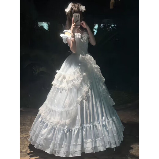 Blue lolita skirt evening dress for women 2025 new sexy student day coming of age ceremony princess wedding dress blue dress + collar + butterfly tail + bustle S