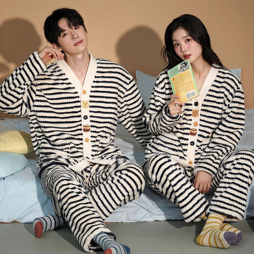 Victoria style couple pajamas winter coral velvet warm and thickened casual sweet flannel home clothes men and women outer wear suit XH9040 M women