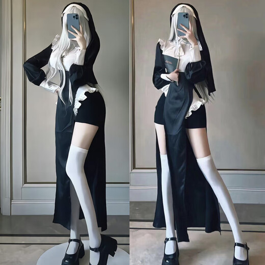 Nun cos clothing tight style Halloween sexy transformation female costume nun cross-dressing COSPLAY costume wig nun (dress + jumpsuit + headscarf + safety pants + cross necklace + white S