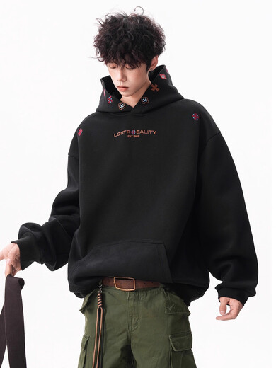 OEMG  重磅500g刺绣连帽加绒加厚卫衣男士秋冬季潮牌美式宽松保暖外套 白花灰 【高品质】 XL [建议110-130斤]