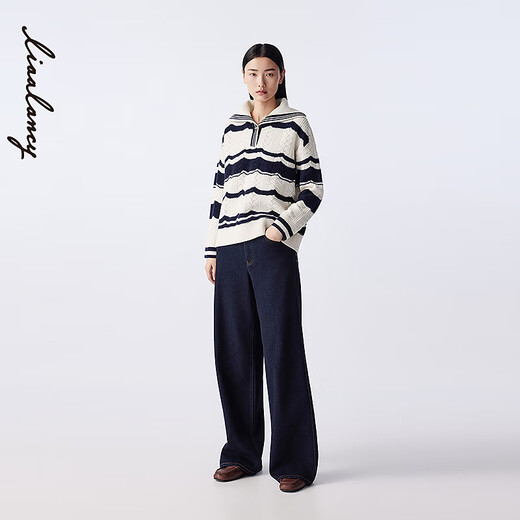 Langzi/LANCY Simon joint brand new winter wool crew neck striped sweater top for women, white 2XL
