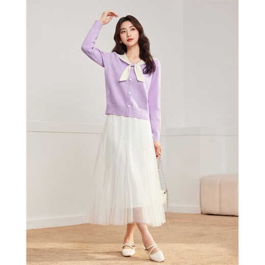 IEF/Aiyifu 2025 Autumn and Winter New French Gentle Feminine Commuting Versatile Woolen Top Purple One Size