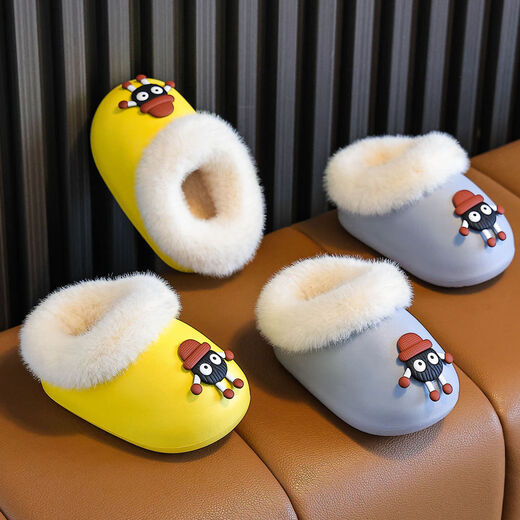 Children's cotton slippers for autumn and winter outer wear cartoon briquettes for girls and boys indoor home warm bags with cotton shoes waterproof khaki-small briquettes waterproof thick velvet 18 (28-29) shoe inner length 18cm/foot length 17