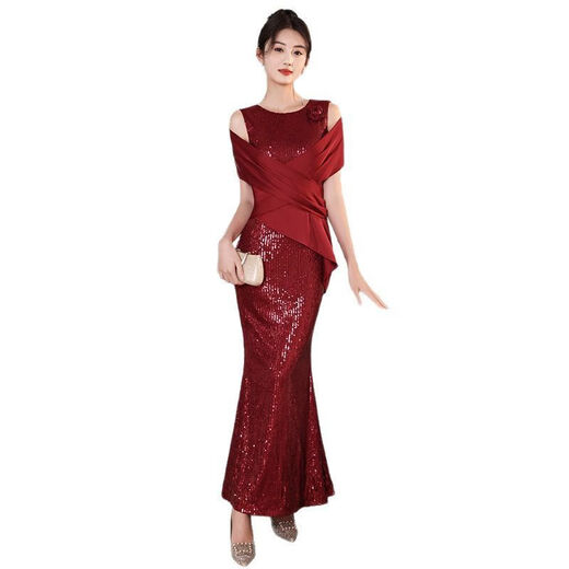 2025 new fashion off-shoulder burgundy sequined fishtail long evening dress for mother-in-law's wedding banquet burgundy skirt length 145CM 2XL 2XL