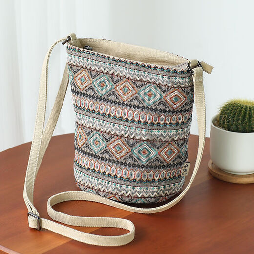 Ethnic style small cloth bag mobile phone small shoulder bag walking crossbody small bag small bucket bag sense of niche literature XK240719 round bucket small crossbody-checkered-dark blue
