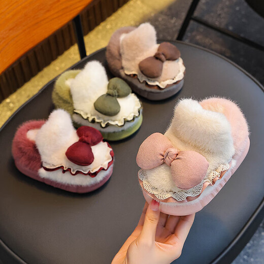 Winter children's cotton slippers for girls and princesses, non-slip EVA warm plus fluffy bow, small and medium-sized children's cotton slippers, upgraded version of environmentally friendly material pink (heel included) 12 28/29 size (inner length 17CM, no rear elastic band