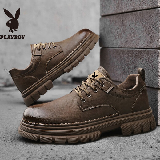 PLAYBOY Leather Shoes Men's 2025 Autumn Business Casual Shoes Soft Sole British Formal Shoes Low-top Work Shoes Brown 42
