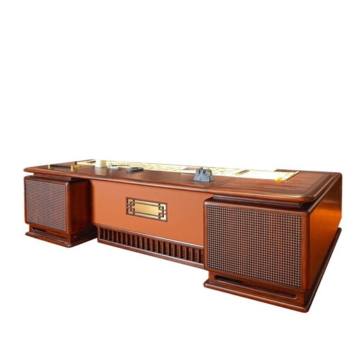 Solid wood executive desk boss desk light luxury high-end ebony wood president desk chairman new Chinese style desk customization 2.4 meters desk with side cabinet/ebony wood