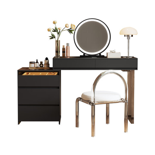 KSALOY Italian dressing table and drawer integrated bedroom small apartment storage cabinet light luxury high-end dressing table jewelry display cabinet warm white dressing table + 0.5 meter three drawer cabinet + LED round mirror + acrylic chair 100cm dressing table overall solid wood multi-layer