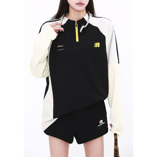 American half-zip long-sleeved T-shirt for men and women, trendy brand loose contrasting color sports tops, quick-drying, sun protection cycling clothes, T, black M M