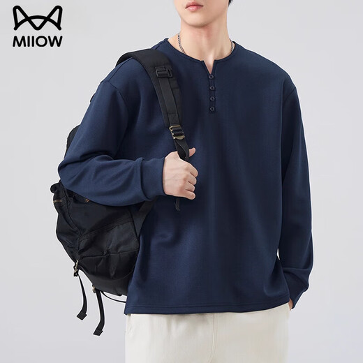 MiiOW Henry collar men's long-sleeved T-shirt autumn and winter fleece top sweatshirt men's inner layering shirt boys black fleece 4XL 180-200Jin Jin equals 0.5 kg