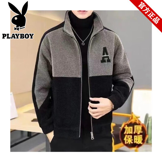 Playboy Woolen Coat Men's Short Jacket Autumn and Winter New Stand Collar Plus Velvet Embroidered Casual Jacket Woolen Windbreaker Black - Warm - Quality Guaranteed Thickened XS Small Gifts