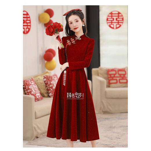 Jialong Mingxiu Cheongsam Toast Wear 2025 Autumn and Winter Bride Small Return Wedding Casual Wear Burgundy Engagement Dress for Women Burgundy M