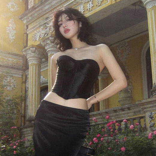 Satin black tube top for women, French style hot girl fishbone corset, beautiful little shirt for outer wear, black S