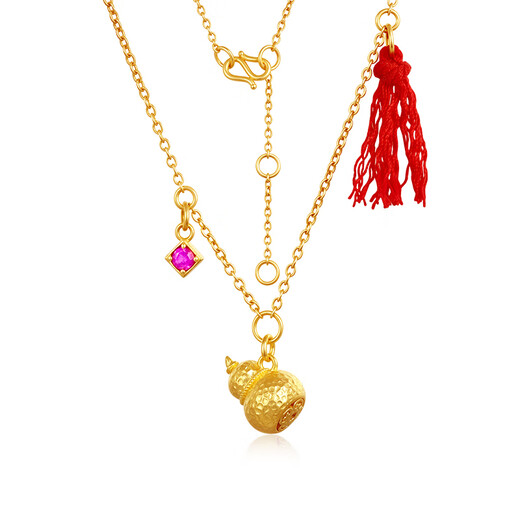 BOC Billion Gold Synthetic Ruby Hammered Gourd Gold Chain Colored Treasure Inlaid Pure Gold Necklace Birthday Gift for My Girlfriend 6 Points Ancient Ruby Hammered Gourd Chain Gold Weight Approximately 5.2g