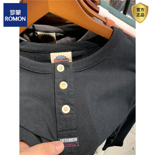 ROMON cotton three-button Henry collar long-sleeved T-shirt men's spring and autumn loose bottoming shirt American Ami khaki casual top Iron Gray M 100-120Jin Jin is equal to about 0.5 kg