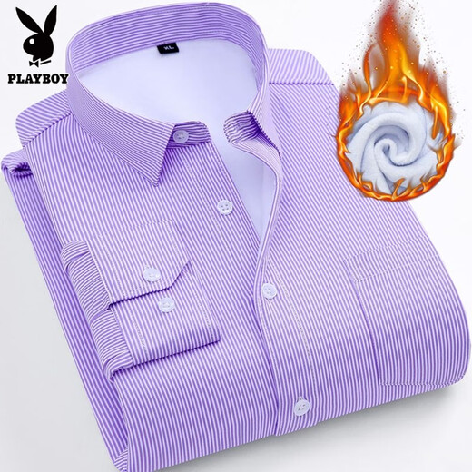 Playboy autumn and winter men's warm shirt men's velvet thickened business formal striped shirt men's long-sleeved casual inch shirt men's 901 velvet XL /40 115-125Jin Jin equals 0.5 kg