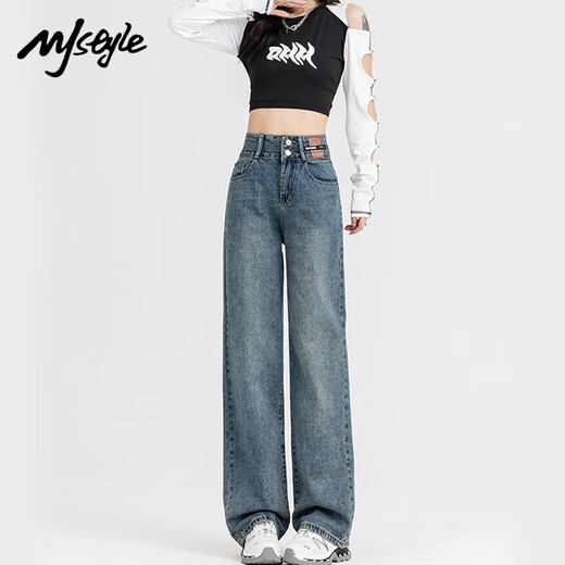 MJ STYLE Jeans Women's 2025 Autumn and Winter New High Waisted Wide Leg Pants Narrow Version Slim Versatile Women's Pants Retro Blue M