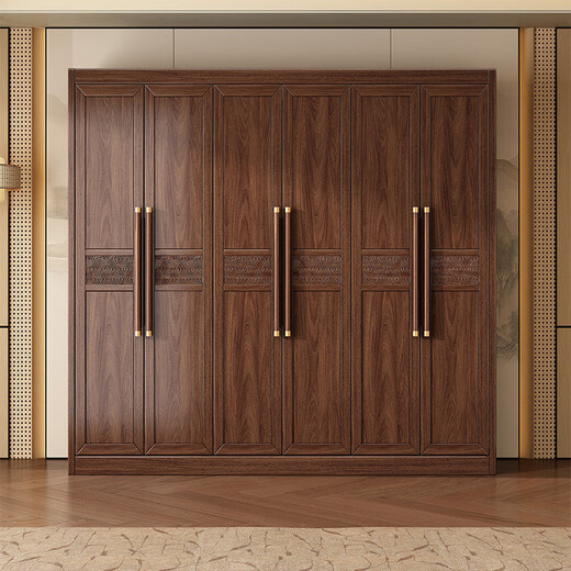 Caibaimu Wardrobe New Chinese Solid Wood Wardrobe with Side Cabinet Black Walnut Wardrobe Bedroom Household Clothes Storage Hanging Wardrobe Five-Door Wardrobe Assembly