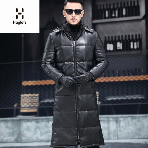Matchstick's new over-the-knee extra-long leather jacket for men, sheepskin leather jacket, hooded leather windbreaker, thickened and warm men's jacket, trendy black M