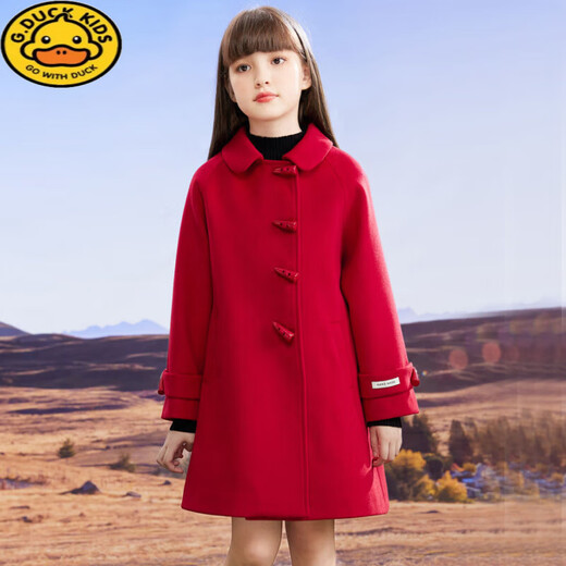 G.DUCKKIDS Girls' Woolen Coat Autumn and Winter Fashionable Red New Year's Clothes Middle-aged Girls' Woolen Coat Thickened Cotton Red Single Layer 150 Height 140-145cm 11-12 years old
