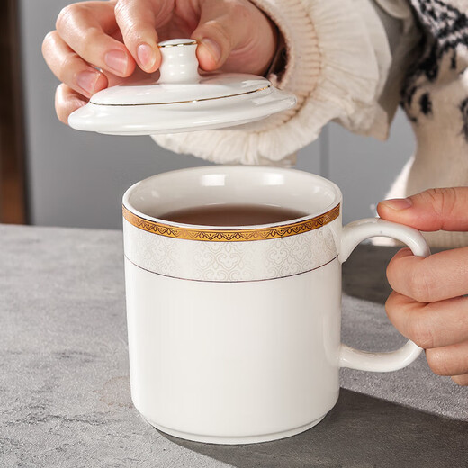Light luxury conference tea cup with lid, simple household ceramic cup, office conference room reception tea cup, mug gift cup, Benli conference cup (Xiangyun) 218 400 ml