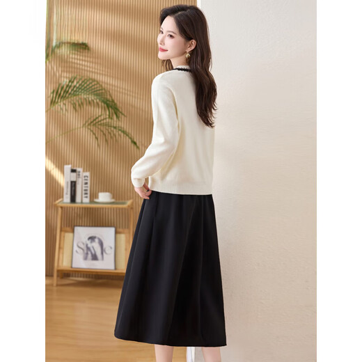 Ehangy international luxury high-end brand knitted dress for women 2025 autumn and winter new age-reducing fashion versatile skirt off-white (two-piece set) M