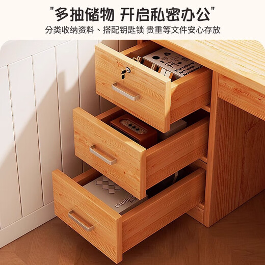 Solid wood desk student home study desk writing desk simple office desk bedroom with drawer desktop computer desk basic model-five drawers and one cabinet maple cherry wood color 100*40CM